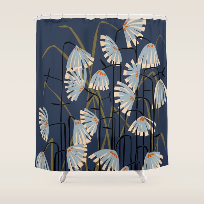Linocut flower meadow blue Shower Curtain