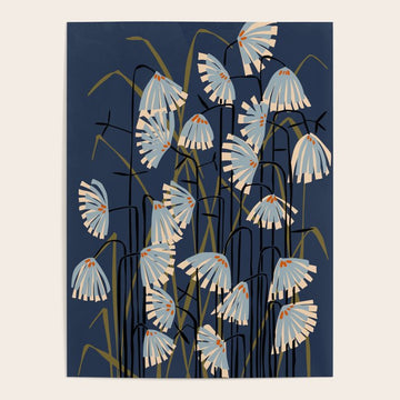 Linocut flower meadow blue Poster