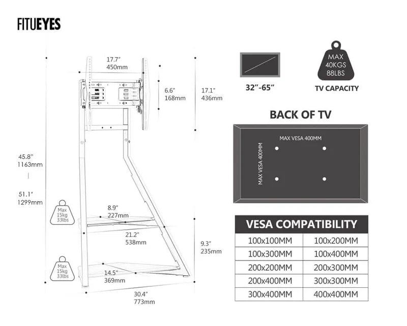 Eiffel FT65 Floor TV Stand with Wheels