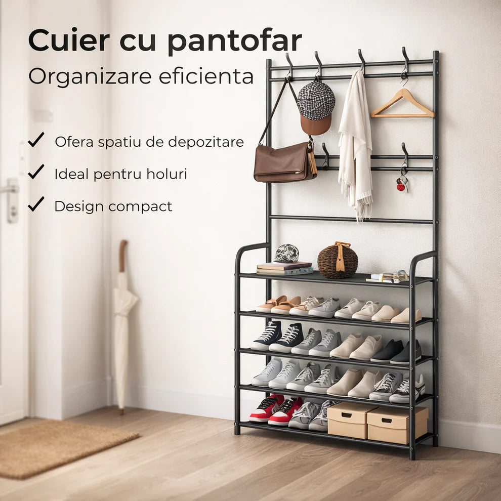 Metal Shoe Hanger 5 Shelves, 60x26x170cm, 2 Clothes Bars, Black