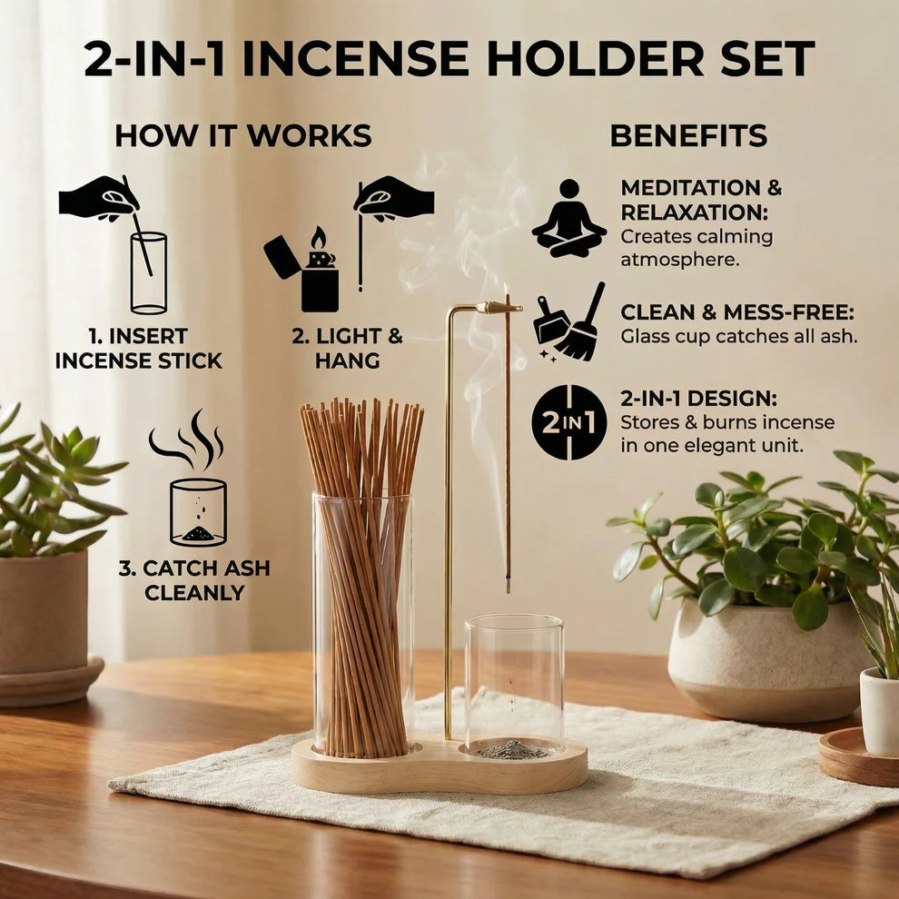 2-in-1 Incense Holder Set for Meditation and Relaxation with Glass Ash Catcher