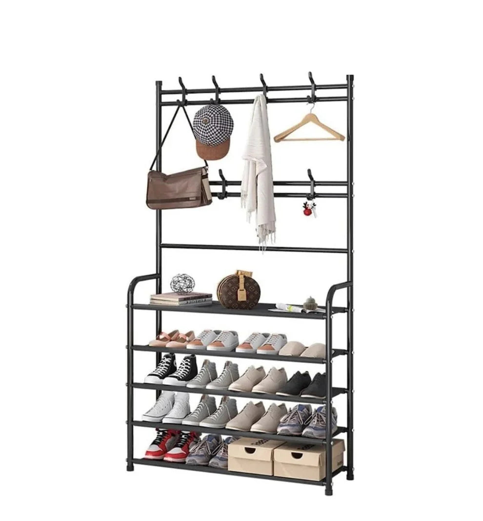 Metal Shoe Hanger 5 Shelves, 60x26x170cm, 2 Clothes Bars, Black