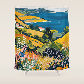 Vibrant Mediterranean Coast Painting in Matisse Style with Blooming Flowers and Blue Waters Shower Curtain