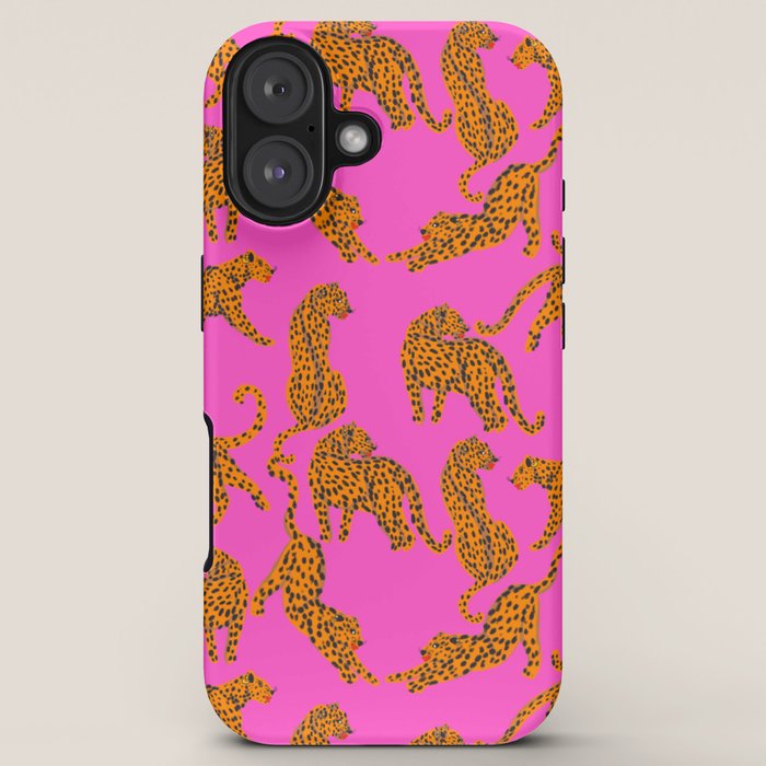Abstract leopard with red lips illustration in fuchsia background  iPhone Case