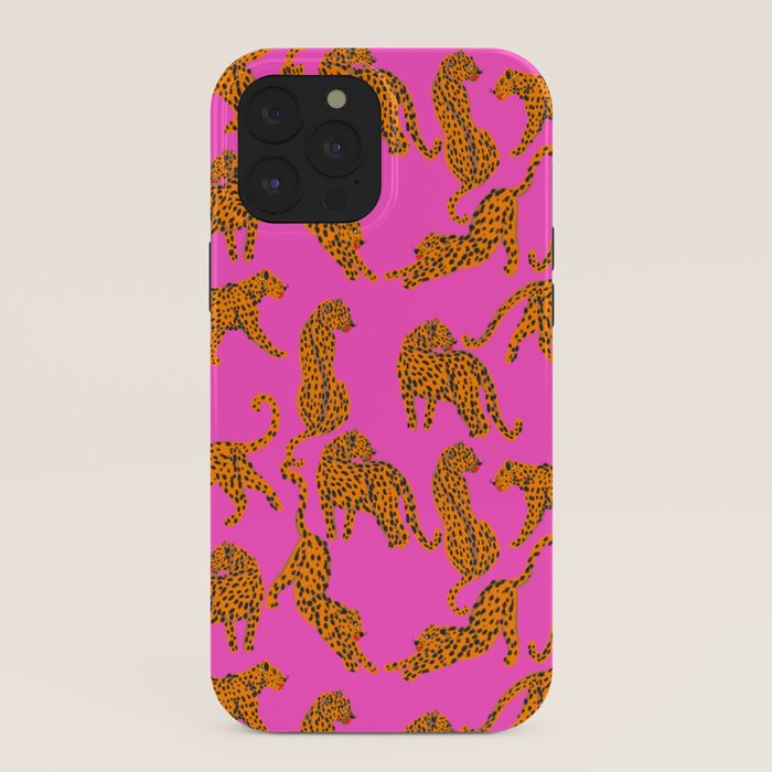 Abstract leopard with red lips illustration in fuchsia background  iPhone Case