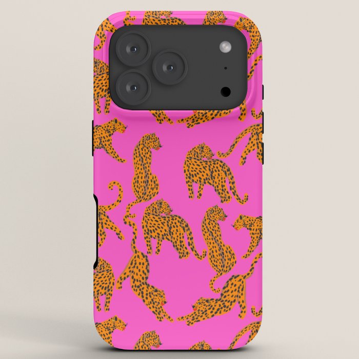 Abstract leopard with red lips illustration in fuchsia background  iPhone Case