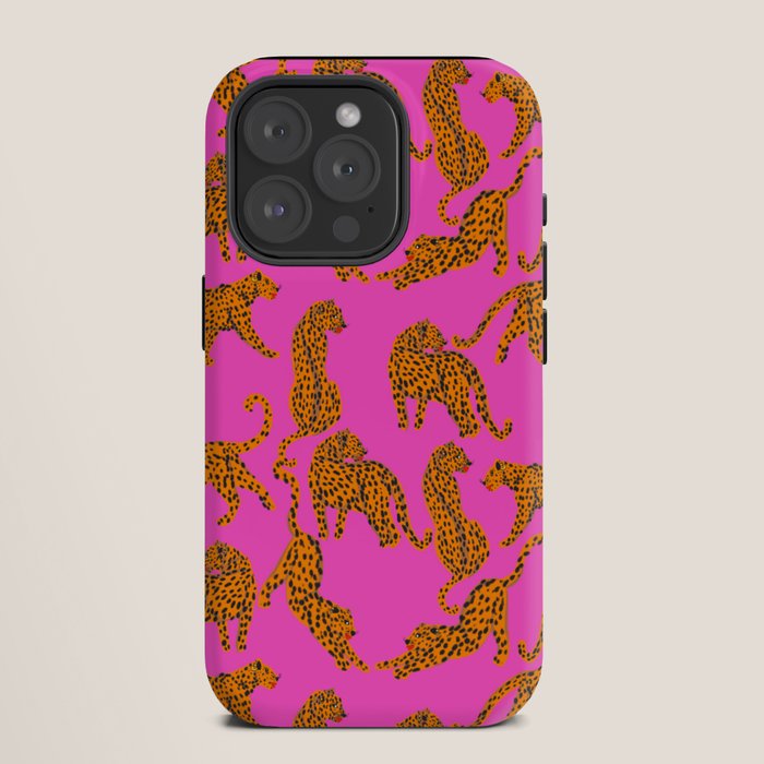 Abstract leopard with red lips illustration in fuchsia background  iPhone Case
