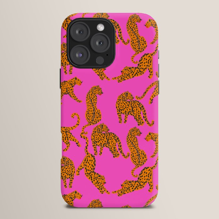 Abstract leopard with red lips illustration in fuchsia background  iPhone Case