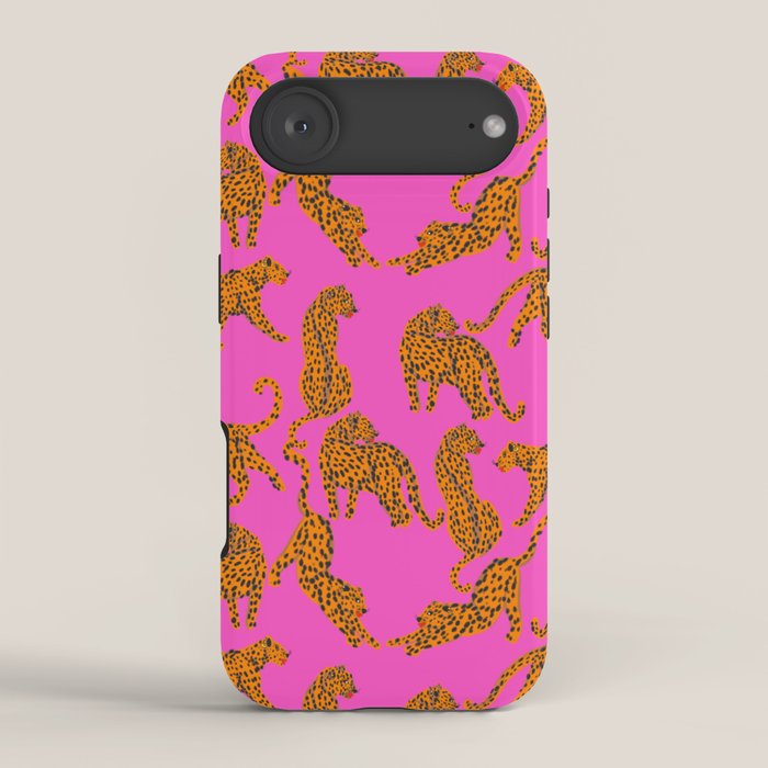 Abstract leopard with red lips illustration in fuchsia background  iPhone Case