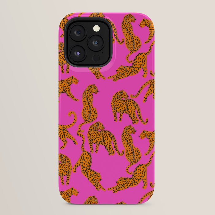 Abstract leopard with red lips illustration in fuchsia background  iPhone Case