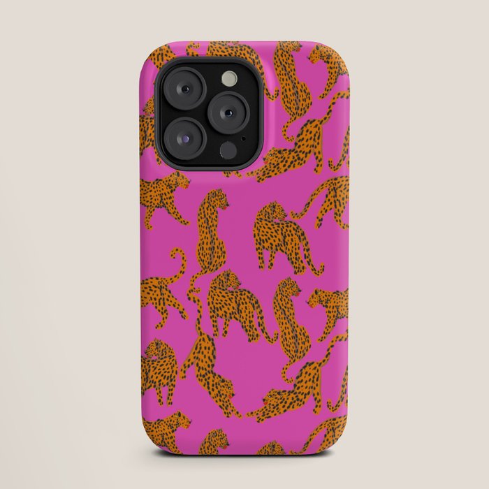 Abstract leopard with red lips illustration in fuchsia background  iPhone Case