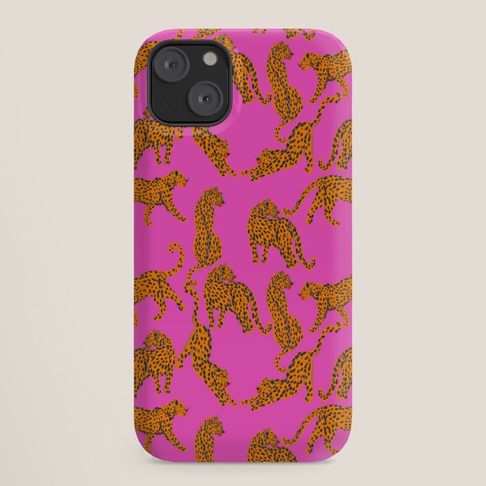 Abstract leopard with red lips illustration in fuchsia background  iPhone Case