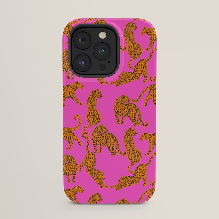 Abstract leopard with red lips illustration in fuchsia background  iPhone Case