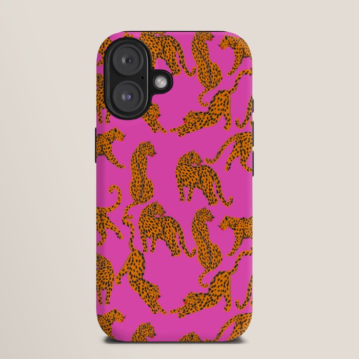 Abstract leopard with red lips illustration in fuchsia background  iPhone Case
