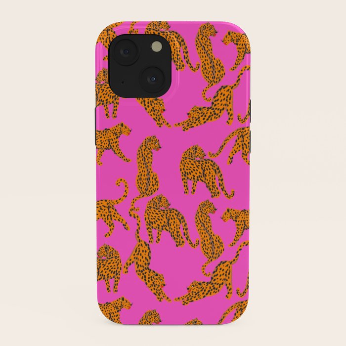 Abstract leopard with red lips illustration in fuchsia background  iPhone Case