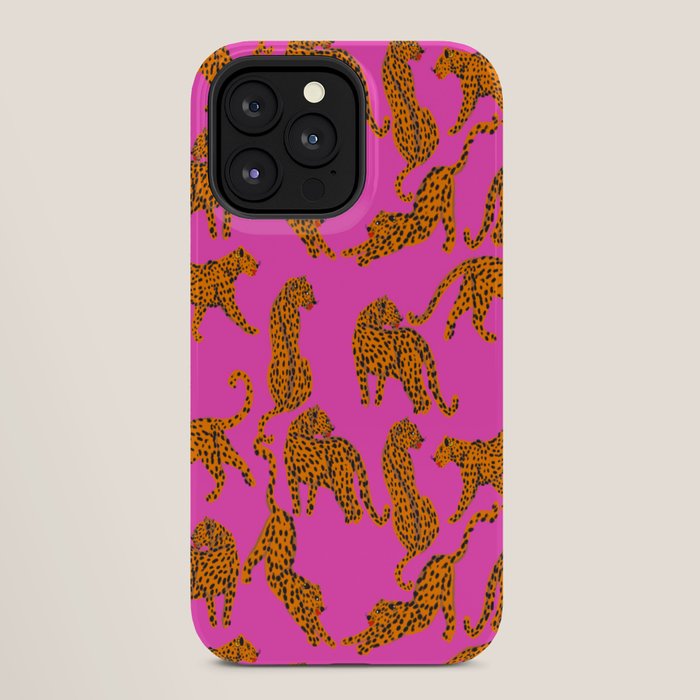 Abstract leopard with red lips illustration in fuchsia background  iPhone Case