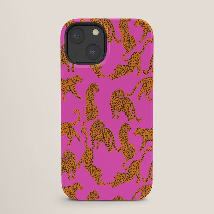 Abstract leopard with red lips illustration in fuchsia background  iPhone Case