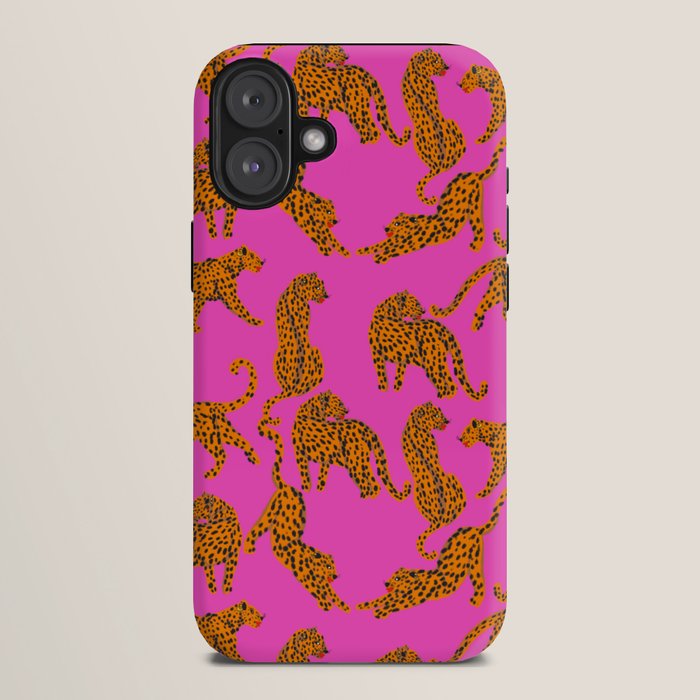 Abstract leopard with red lips illustration in fuchsia background  iPhone Case