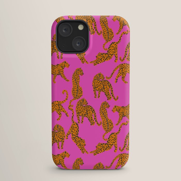 Abstract leopard with red lips illustration in fuchsia background  iPhone Case