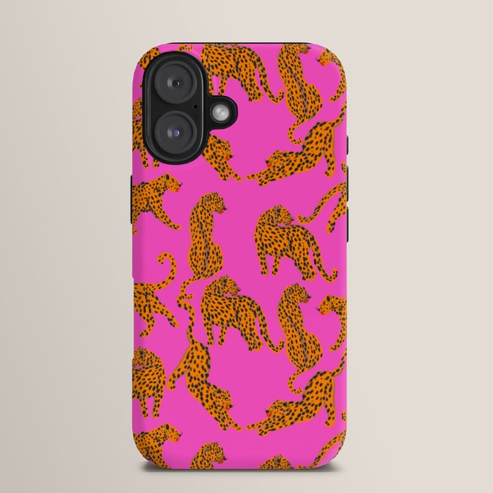 Abstract leopard with red lips illustration in fuchsia background  iPhone Case