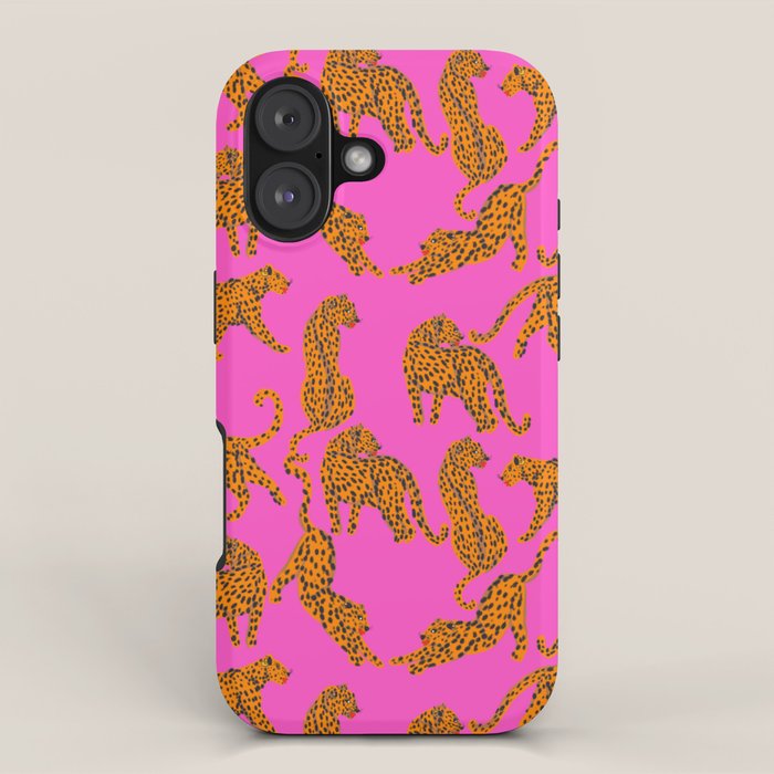 Abstract leopard with red lips illustration in fuchsia background  iPhone Case