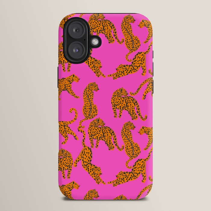 Abstract leopard with red lips illustration in fuchsia background  iPhone Case