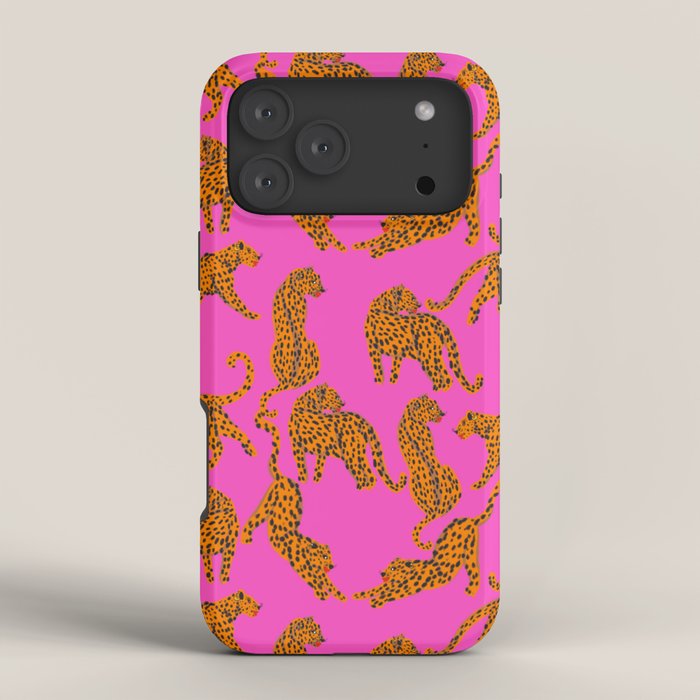 Abstract leopard with red lips illustration in fuchsia background  iPhone Case