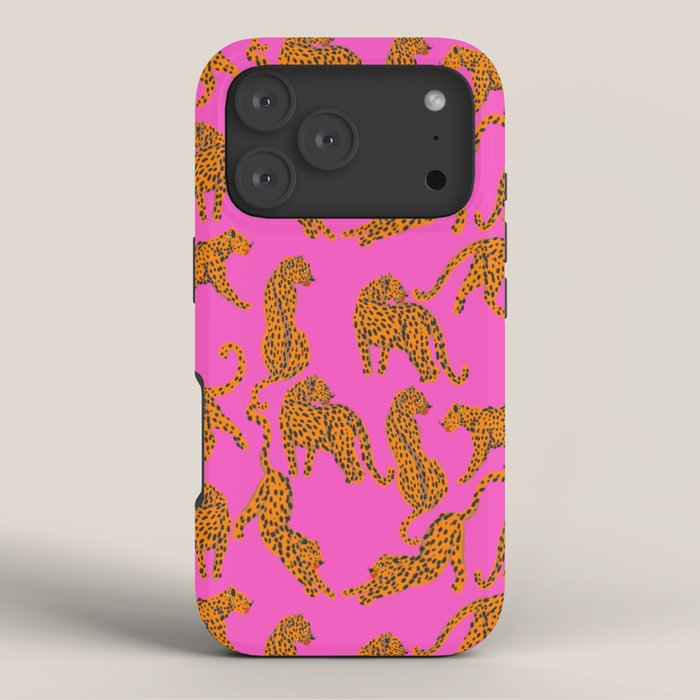 Abstract leopard with red lips illustration in fuchsia background  iPhone Case