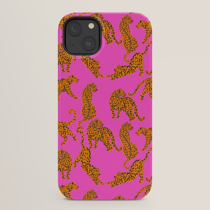 Abstract leopard with red lips illustration in fuchsia background  iPhone Case