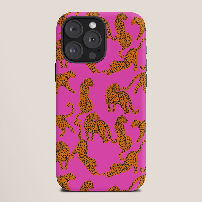 Abstract leopard with red lips illustration in fuchsia background  iPhone Case