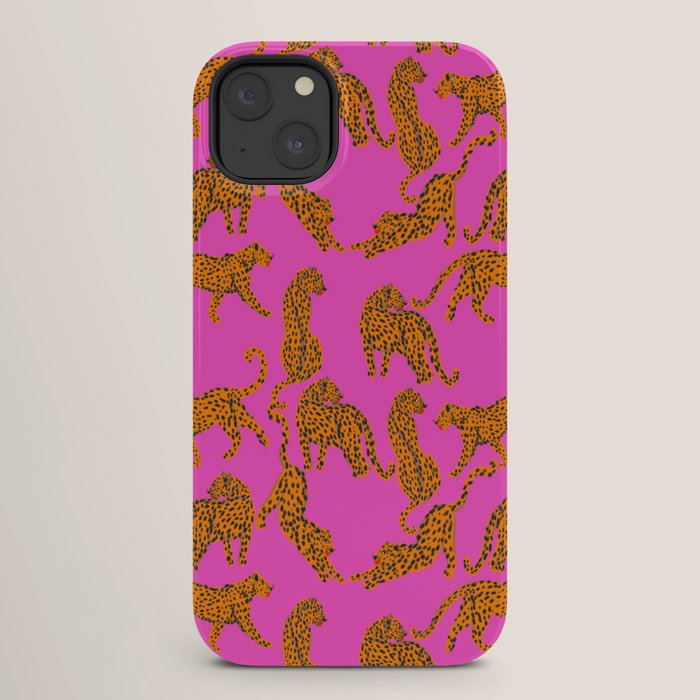 Abstract leopard with red lips illustration in fuchsia background  iPhone Case