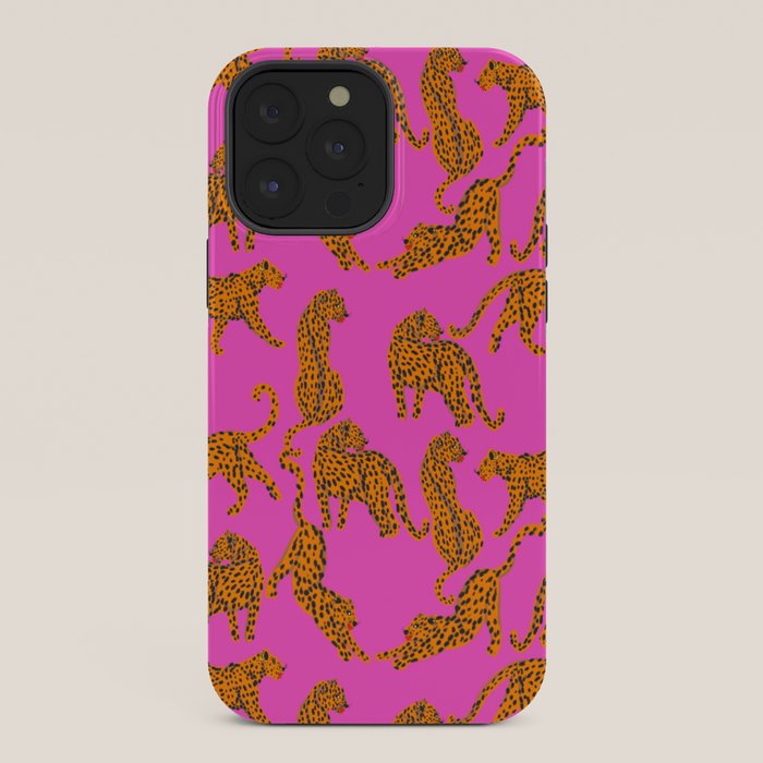 Abstract leopard with red lips illustration in fuchsia background  iPhone Case