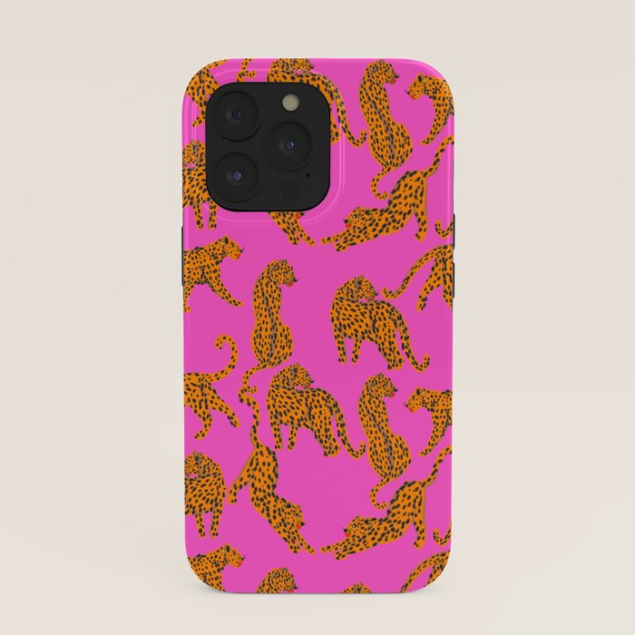 Abstract leopard with red lips illustration in fuchsia background  iPhone Case