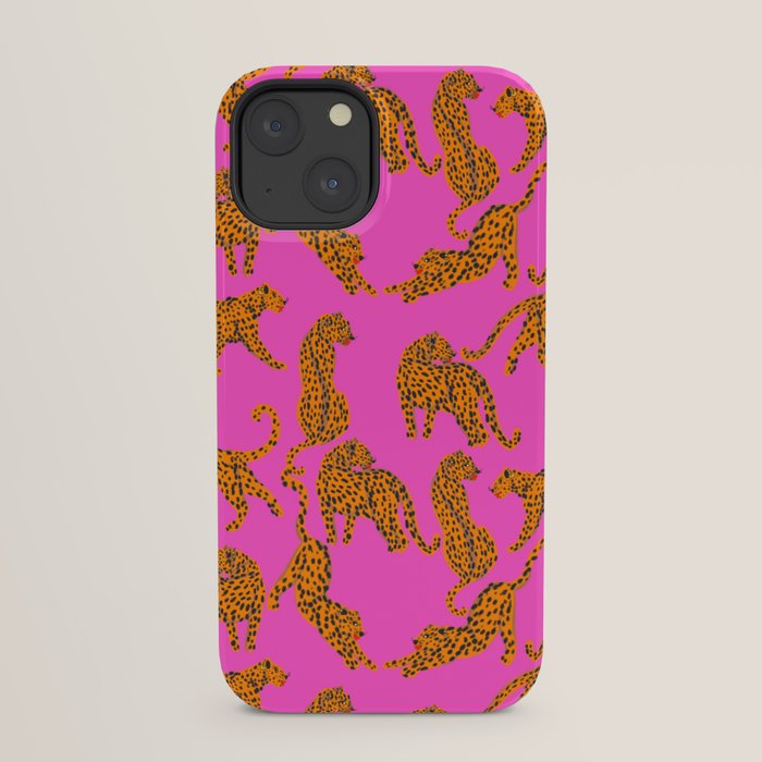Abstract leopard with red lips illustration in fuchsia background  iPhone Case