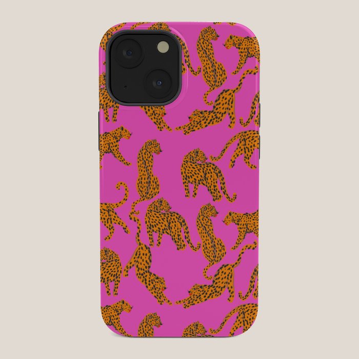 Abstract leopard with red lips illustration in fuchsia background  iPhone Case