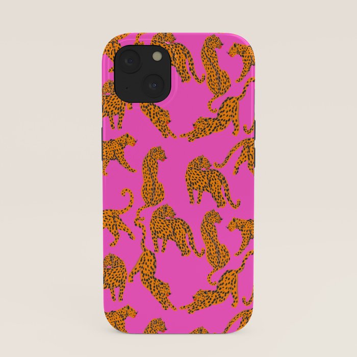 Abstract leopard with red lips illustration in fuchsia background  iPhone Case