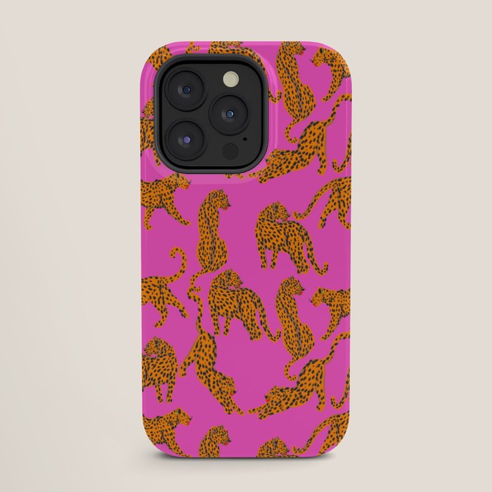 Abstract leopard with red lips illustration in fuchsia background  iPhone Case