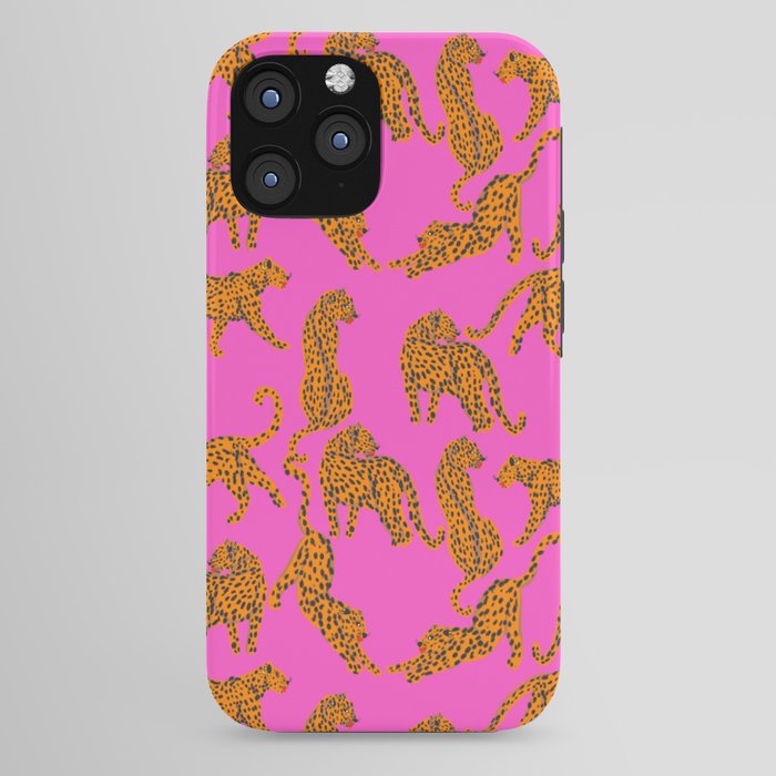 Abstract leopard with red lips illustration in fuchsia background  iPhone Case