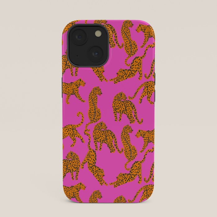 Abstract leopard with red lips illustration in fuchsia background  iPhone Case