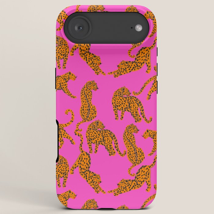 Abstract leopard with red lips illustration in fuchsia background  iPhone Case