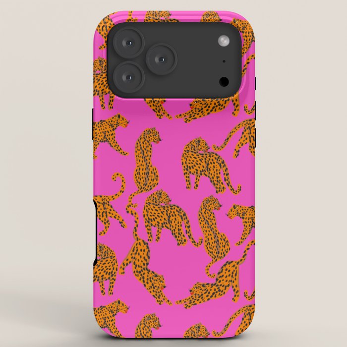 Abstract leopard with red lips illustration in fuchsia background  iPhone Case
