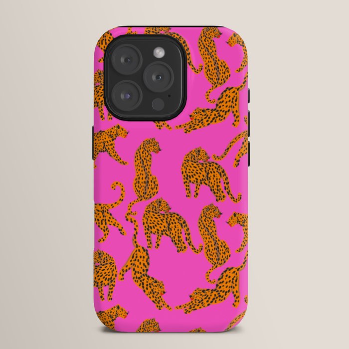 Abstract leopard with red lips illustration in fuchsia background  iPhone Case