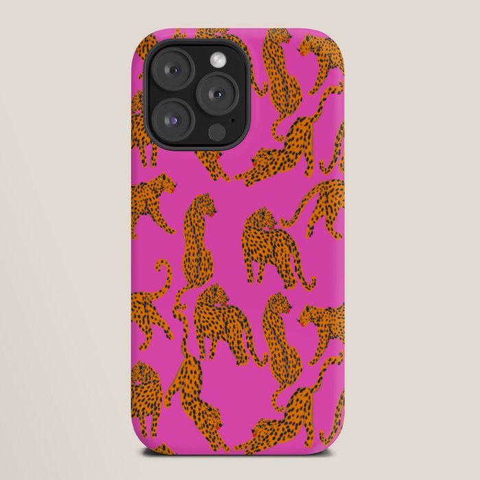 Abstract leopard with red lips illustration in fuchsia background  iPhone Case