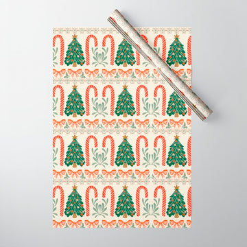 Festive Christmas Elements  Candy Cane  Tree and Bows Holiday Design Wrapping Paper
