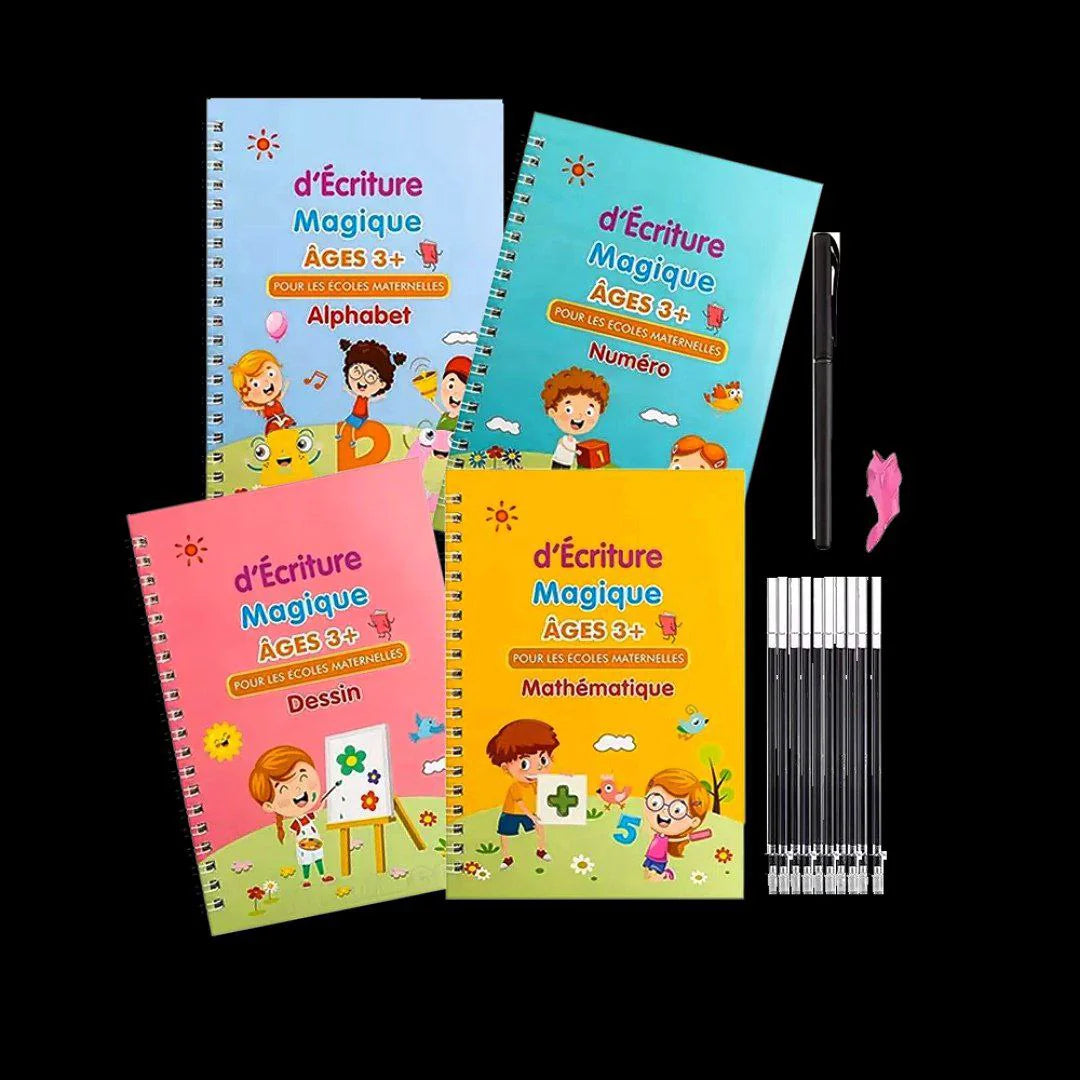 Pack of 4 Reusable Magic Notebooks + 20 Free Pens – Learn without stopping!