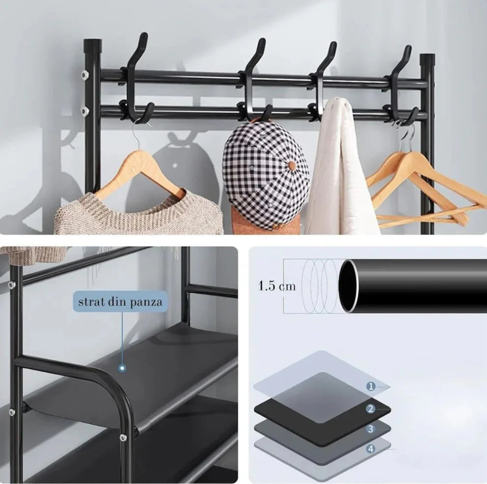 Metal Shoe Hanger 5 Shelves, 60x26x170cm, 2 Clothes Bars, Black