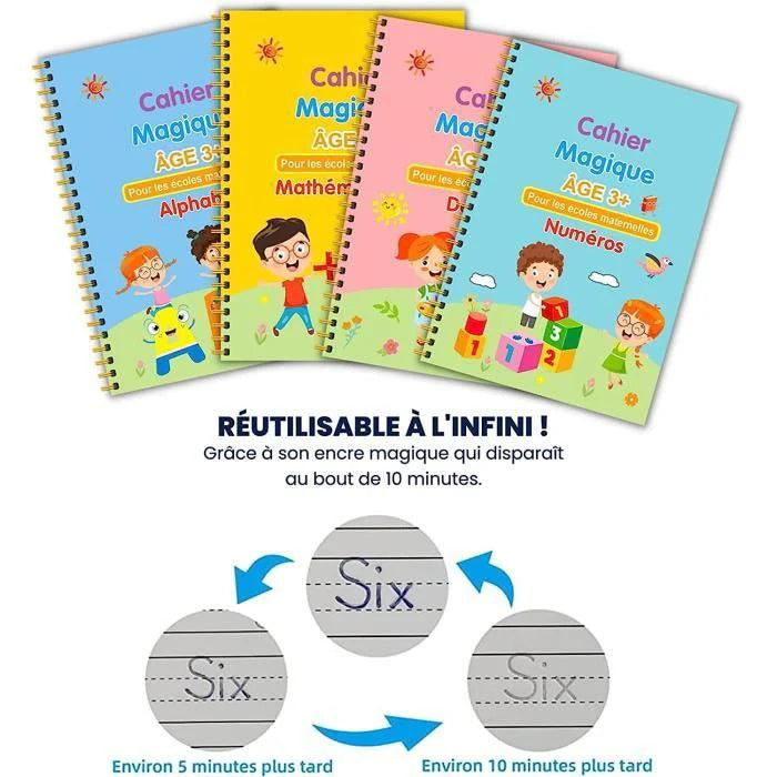 Pack of 4 Reusable Magic Notebooks + 20 Free Pens – Learn without stopping!