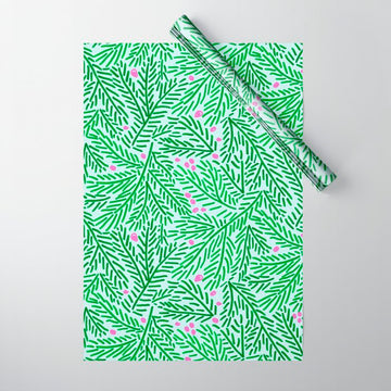 Winter Berries & Pine Branches in Green Wrapping Paper