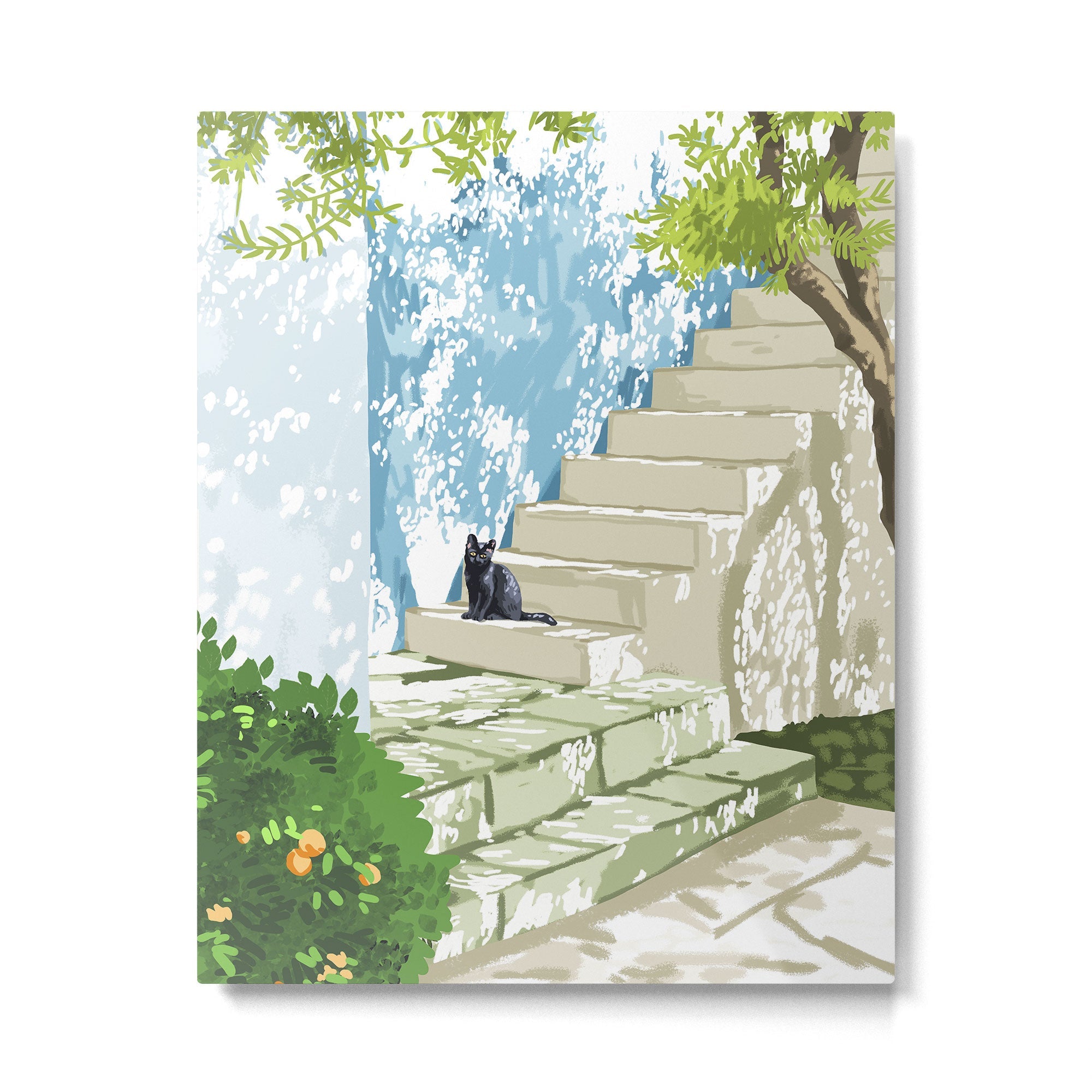 Black cat on the steps Poster, Greece Santorini summer travel pet painting Metal Print