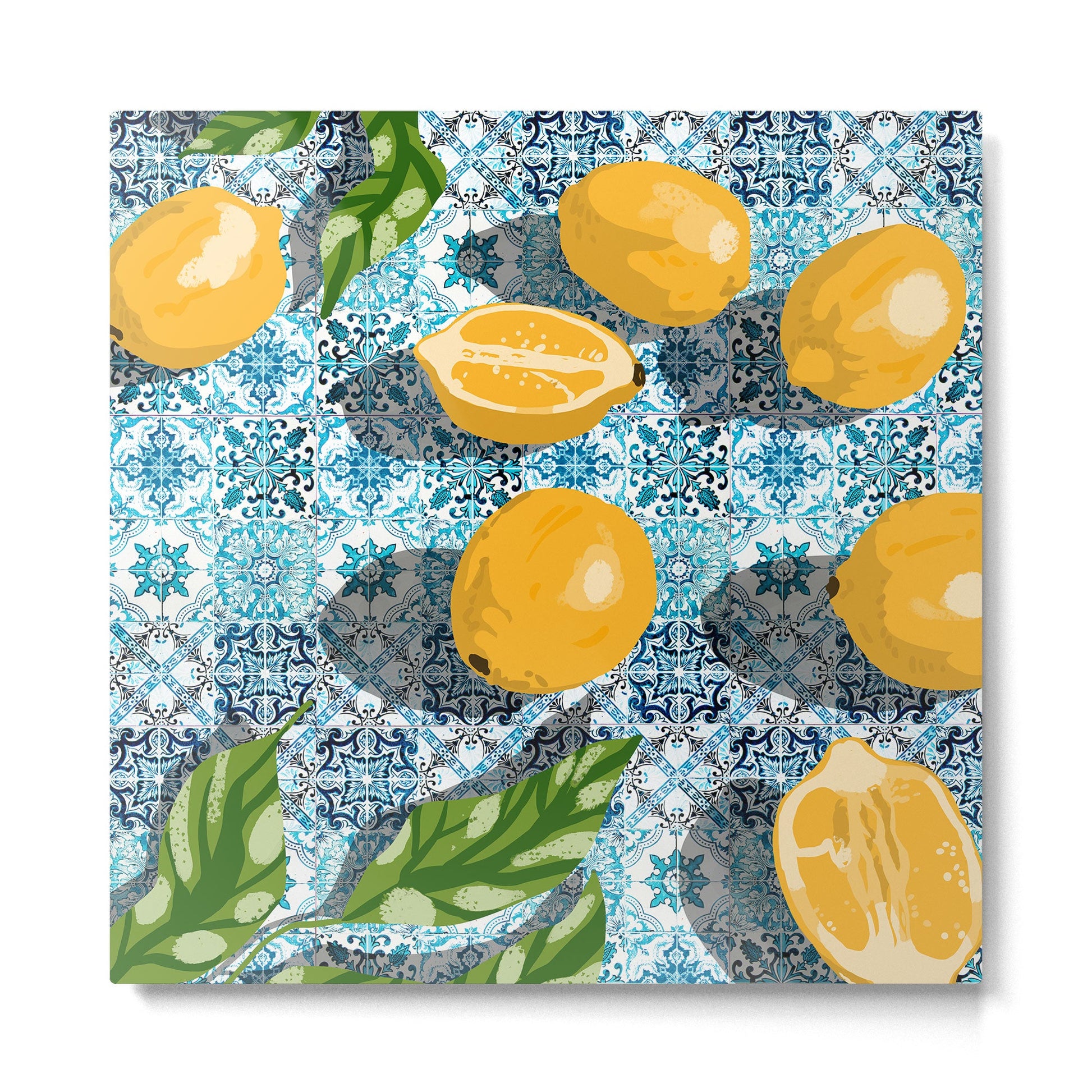 Juicy Lemons on Blue Moroccan Tiles Metal Print